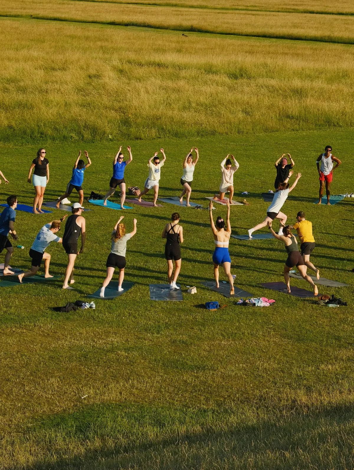 A big group doing yoga and Pilates in a green field